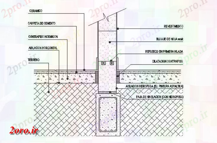 دانلود نقشه جزئیات ساخت و ساز تخت دیوار بتنی بلوک در پرتو تقویت تحتانی (کد59204)