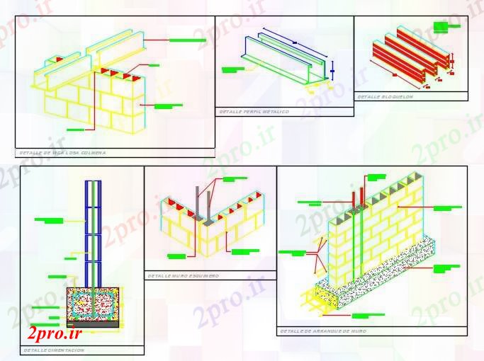 دانلود نقشه جزئیات ساخت و ساز جزئیات دیوار از بلوک های (کد59300)