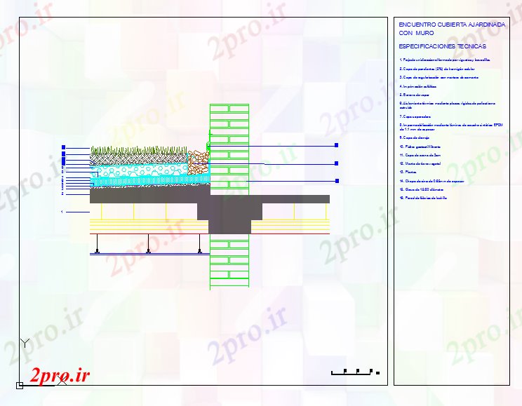 دانلود نقشه جزئیات ساخت و ساز جزئیات یک اتصال سقف باغ  با دیوار (کد59325)