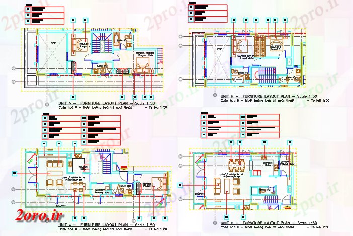 دانلود نقشه داخلی خانه واحد G، H مبلمان طرح 12 در 22 متر (کد59408)