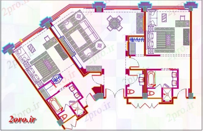 دانلود نقشه باشگاه اتاق دو نفره سوئیت 8 در 16 متر (کد59472)