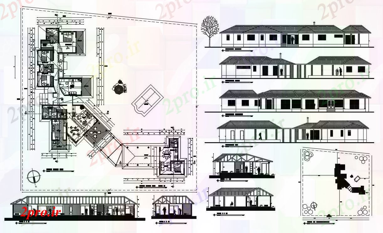 دانلود نقشه خانه مسکونی ، ویلاجزئیات مسکن خانواده 11 در 43 متر (کد59480)