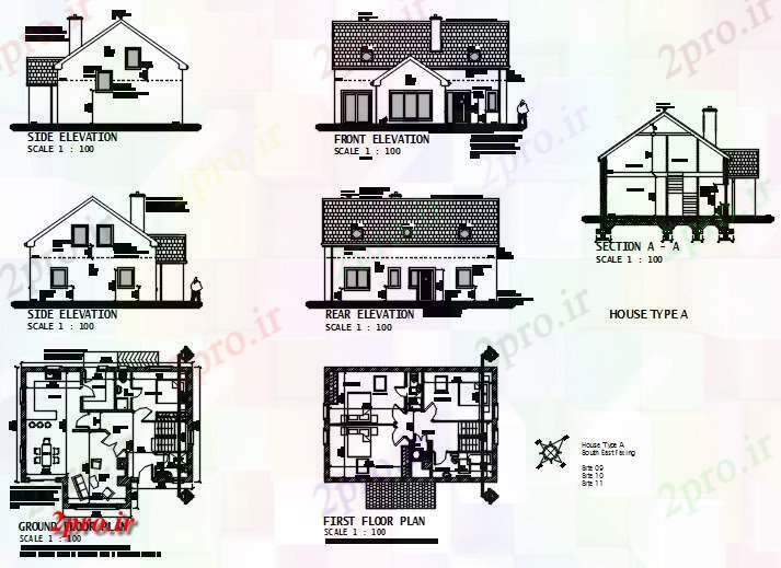دانلود نقشه خانه های کوچک ، نگهبانی ، سازمانی - خانه نوع A 8 در 11 متر (کد59506)