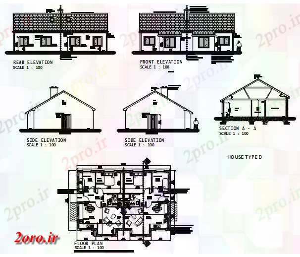 دانلود نقشه خانه های کوچک ، نگهبانی ، سازمانی - خانه نوع D 9 در 14 متر (کد59507)
