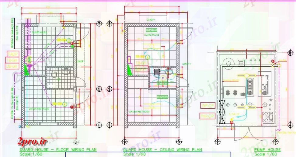 دانلود نقشه طراحی داخلی گارد خانه و طرحی سیم کشی اتاق پمپ (کد59524)