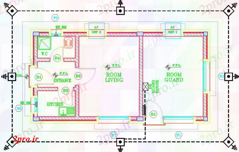 دانلود نقشه مسکونی ، ویلایی ، آپارتمان زمین خانه محافظ 2 4 در 9 متر (کد59525)
