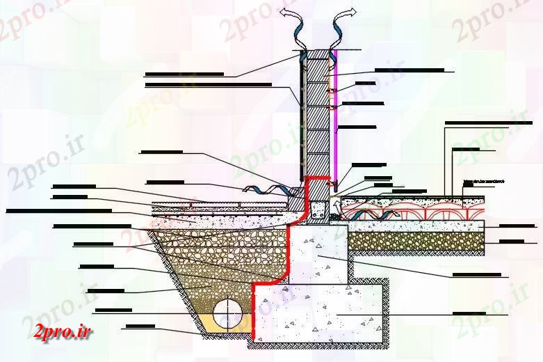 دانلود نقشه جزئیات ساخت و ساز بخش جلویی میله نگهدارنده (کد59629)