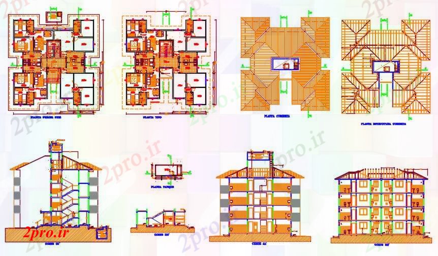 دانلود نقشه مسکونی  ، ویلایی ، آپارتمان  بلوک آپارتمان  ی ساخت هر یک از 4 واحد (کد59752)