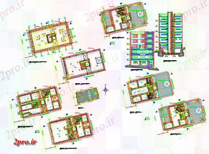 دانلود نقشه ساختمان مرتفعبلوک خانواده چند از 7 طبقه شیب دار اسلات 11 در 19 متر (کد59754)