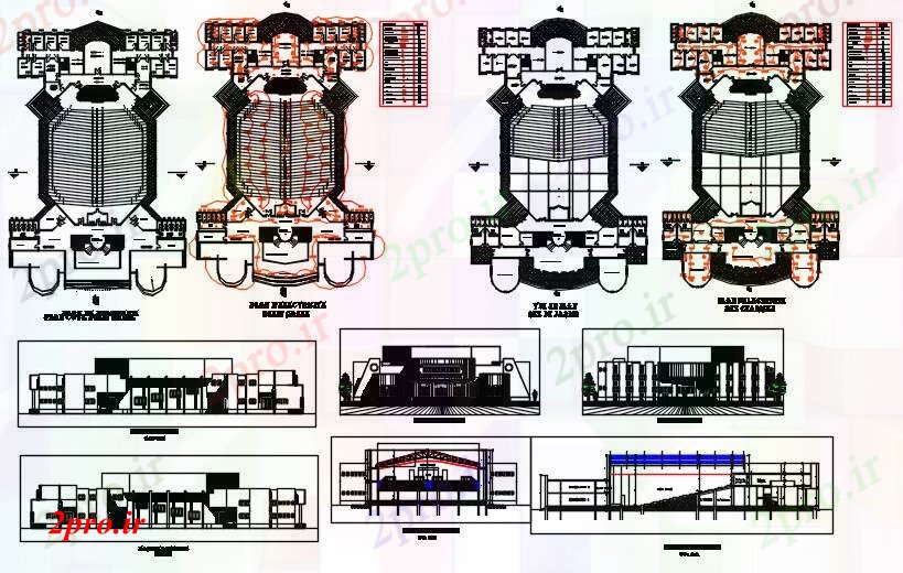 دانلود نقشه تئاتر چند منظوره - سینما - سالن کنفرانس - سالن همایشسالن آمفی تئاتر 1500 صندلی (کد59763)