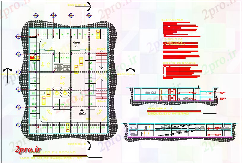دانلود نقشه ساختمان اداری - تجاری - صنعتی محوطه پارکینگ 36 در 38 متر (کد59896)