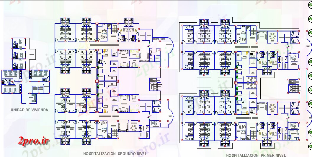 دانلود نقشه بیمارستان - درمانگاه - کلینیک واحد بستری و دارو 46 در 49 متر (کد60093)
