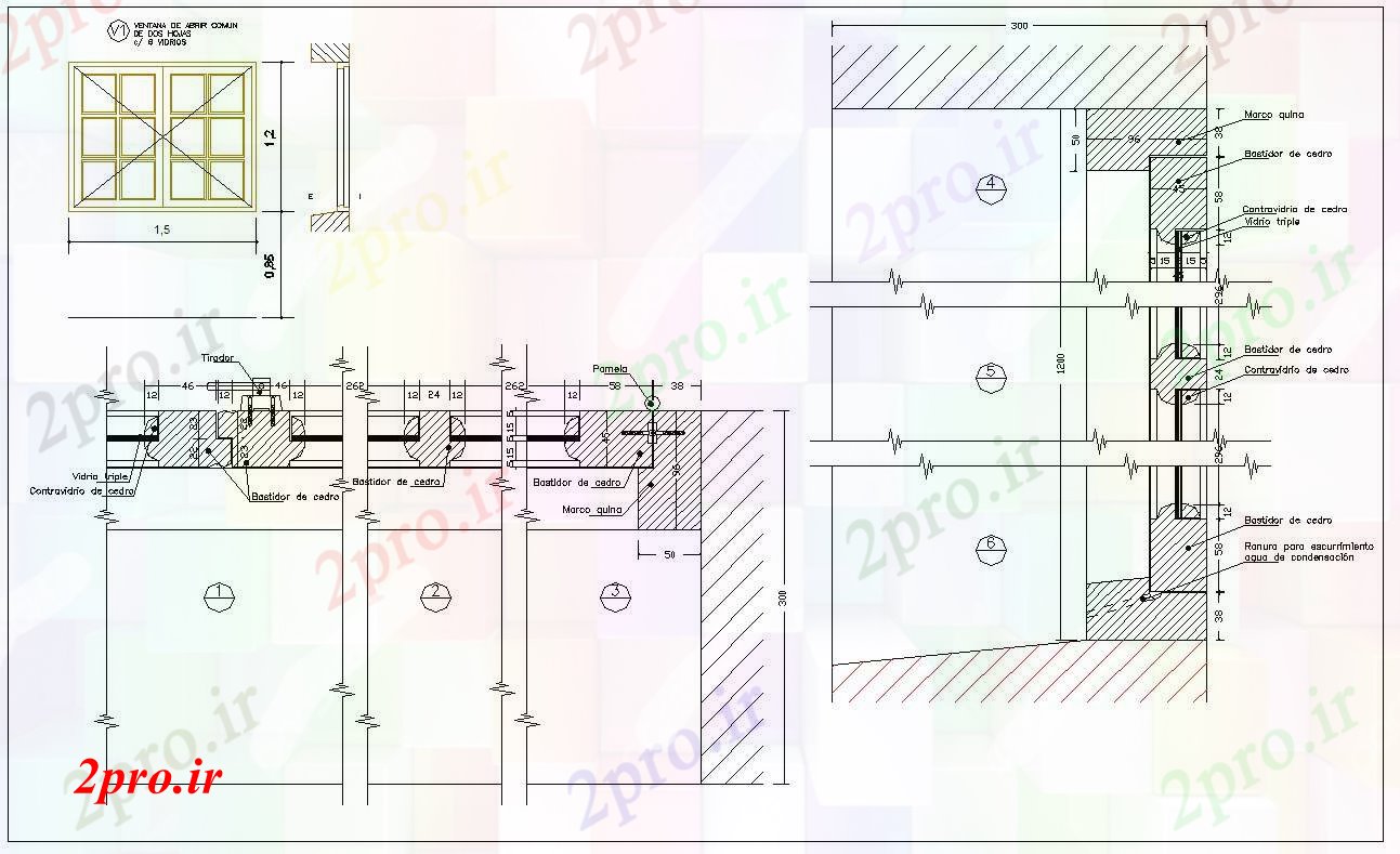 دانلود نقشه جزئیات طراحی در و پنجره  جزئیات چوبی پنجره (کد60100)