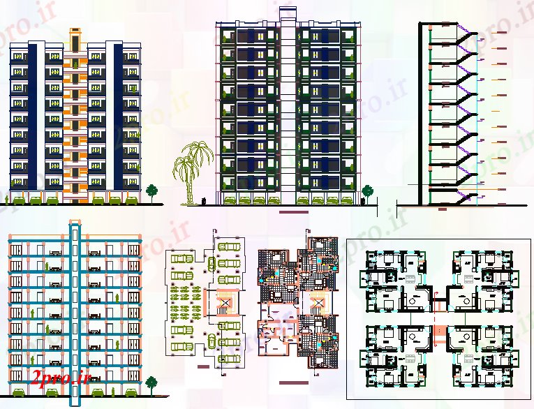 دانلود نقشه ساختمان اداری - تجاری - صنعتی انواع آپارتمان و جزئیات طرح 26 در 29 متر (کد60237)