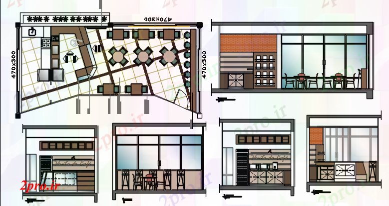 دانلود نقشه هتل - رستوران - اقامتگاه قهوه پروژه نوار 5 در 10 متر (کد60242)