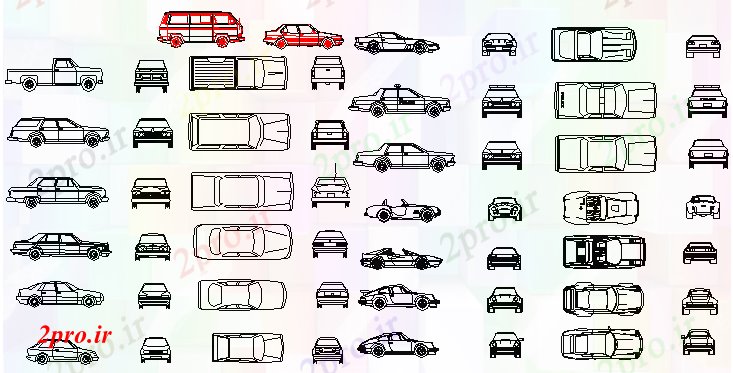 دانلود نقشه بلوک وسایل نقلیه دیدگاه های مختلف از بلوک ماشین (کد60265)