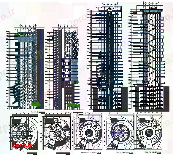 دانلود نقشه ساختمان مرتفعمخلوط ساختمان های چند منظوره 33 در 45 متر (کد60289)