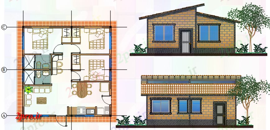 دانلود نقشه مسکونی ، ویلایی ، آپارتمان پنت هاوس 8 در 8 متر (کد60452)