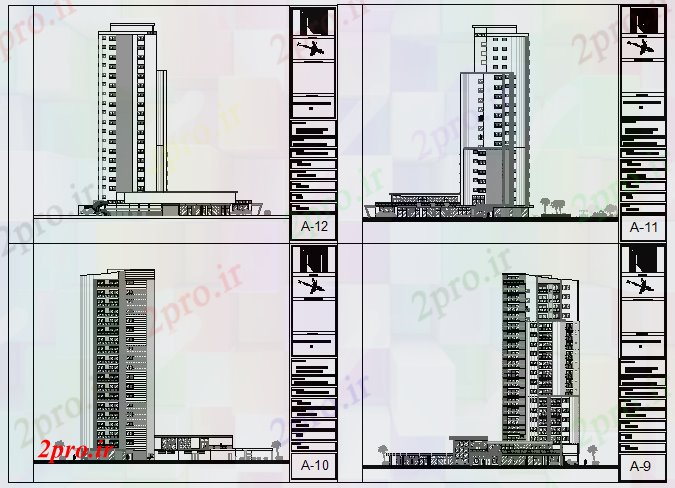 دانلود نقشه ساختمان مرتفعطراحی نما بالا می ساختمان مسکونی طراحی 45 در 59 متر (کد60678)