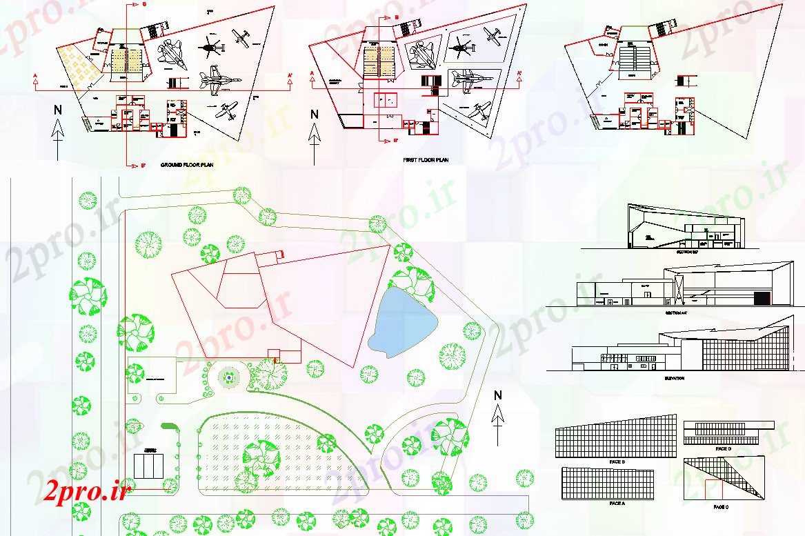 دانلود نقشه ساختمان دولتی ، سازمانی پروژه موزه حمل و نقل هوایی 39 در 48 متر (کد60749)