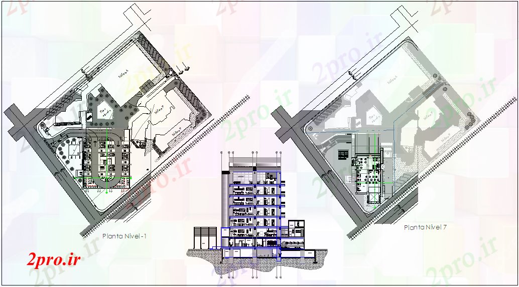 دانلود نقشه ساختمان مرتفعنظر طراحی برج طلایی 20 در 36 متر (کد60802)