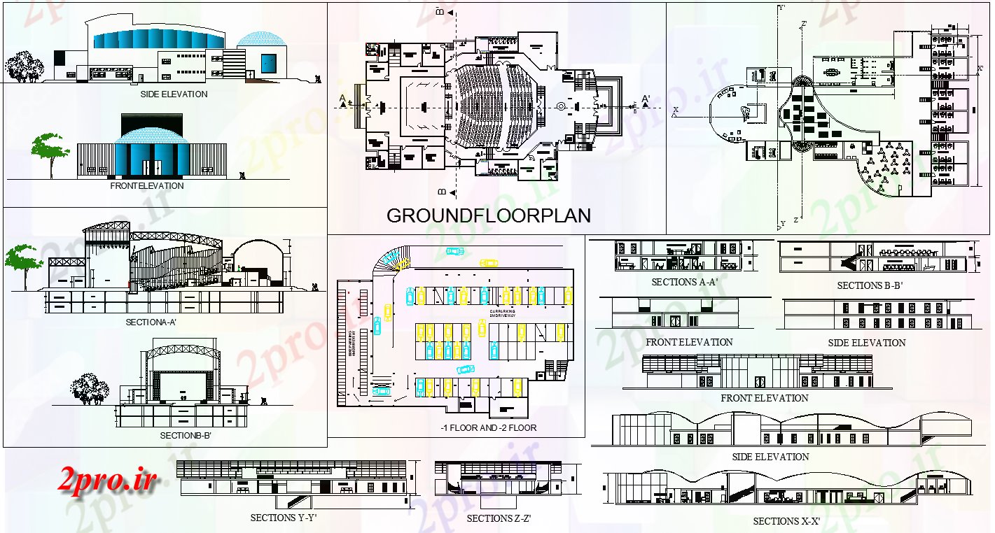دانلود نقشه تئاتر چند منظوره - سینما - سالن کنفرانس - سالن همایشچندگانه و خرید طرحی بازار 34 در 70 متر (کد60809)