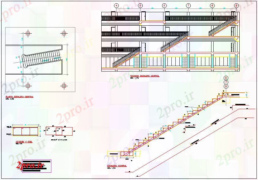 دانلود نقشه پلان مقطعی بخش راه پله مرکزی طراحی ساختار (کد60909)