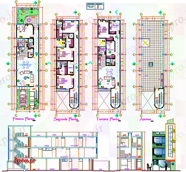 دانلود نقشه مسکونی ، ویلایی ، آپارتمان طرحی مسکن چند 6 در 25 متر (کد61008)