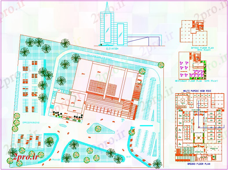 دانلود نقشه ساختمان اداری - تجاری - صنعتی نما برج های اداری با  چشم انداز (کد61042)