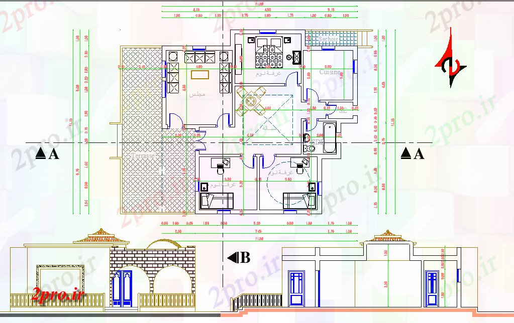 دانلود نقشه مسکونی ، ویلایی ، آپارتمان پروژه یک سطح خانه 11 در 12 متر (کد61058)