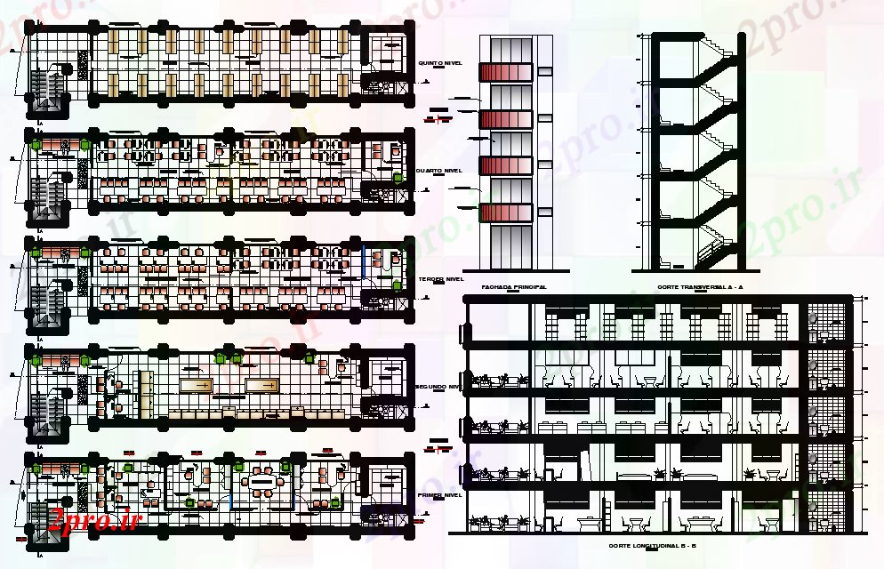 دانلود نقشه ساختمان اداری - تجاری - صنعتی طبقه ساختمان دفتر شرکت بیمه عمر 5 در 22 متر (کد61085)