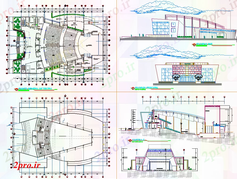 دانلود نقشه تئاتر چند منظوره - سینما - سالن کنفرانس - سالن همایشطرحی تئاتر چندگانه 42 در 60 متر (کد61107)
