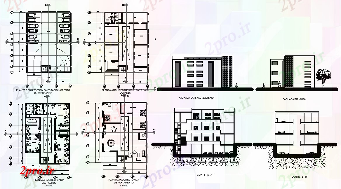 دانلود نقشه ساختمان اداری - تجاری - صنعتی فروشگاه ها، ادارات، آپارتمان ، پارکینگ - 4storeys 13 در 18 متر (کد61124)