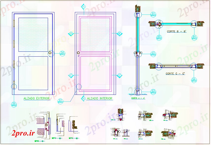 دانلود نقشه جزئیات طراحی در و پنجره  طراحی درب با نمای بیرونی و داخلی (کد61150)