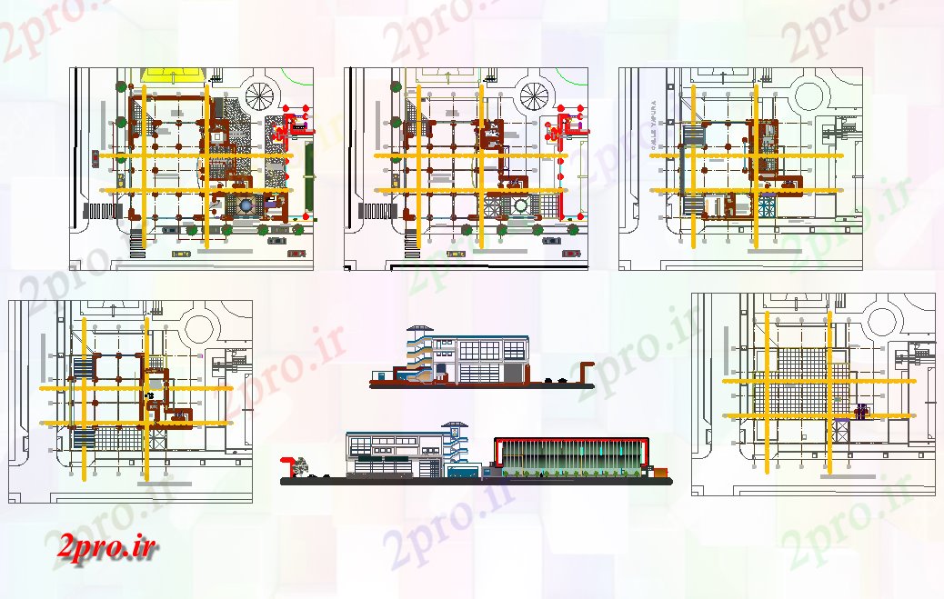 دانلود نقشه ساختمان اداری - تجاری - صنعتی تالار اجتماعی 4 سطح با بدنسازی و دفاتر 23 در 28 متر (کد61177)