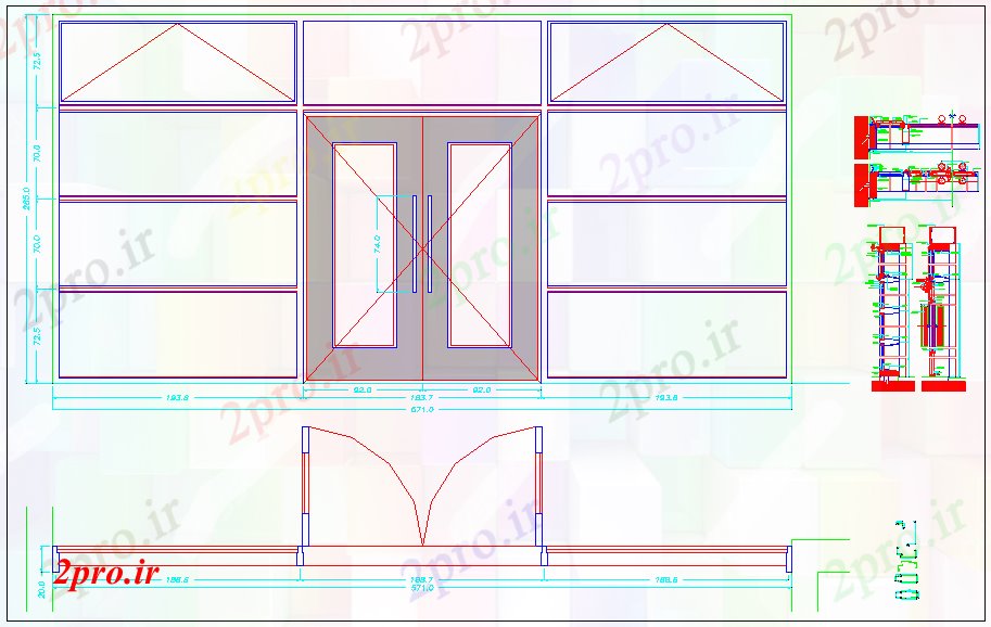 دانلود نقشه جزئیات طراحی در و پنجره   درب با باز کردن و  از شیشه (کد61225)