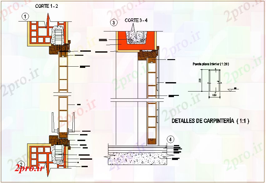 دانلود نقشه جزئیات طراحی در و پنجره  جزئیات درب از چوب با نمای مقطعی (کد61261)