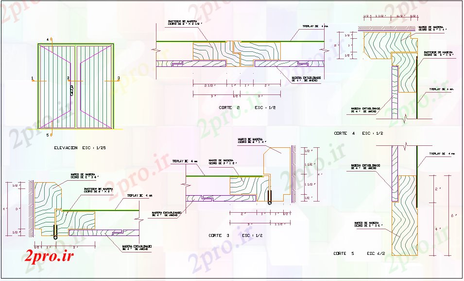 دانلود نقشه جزئیات طراحی در و پنجره  طراحی نمای دو درب با جزئیات چوبی (کد61269)