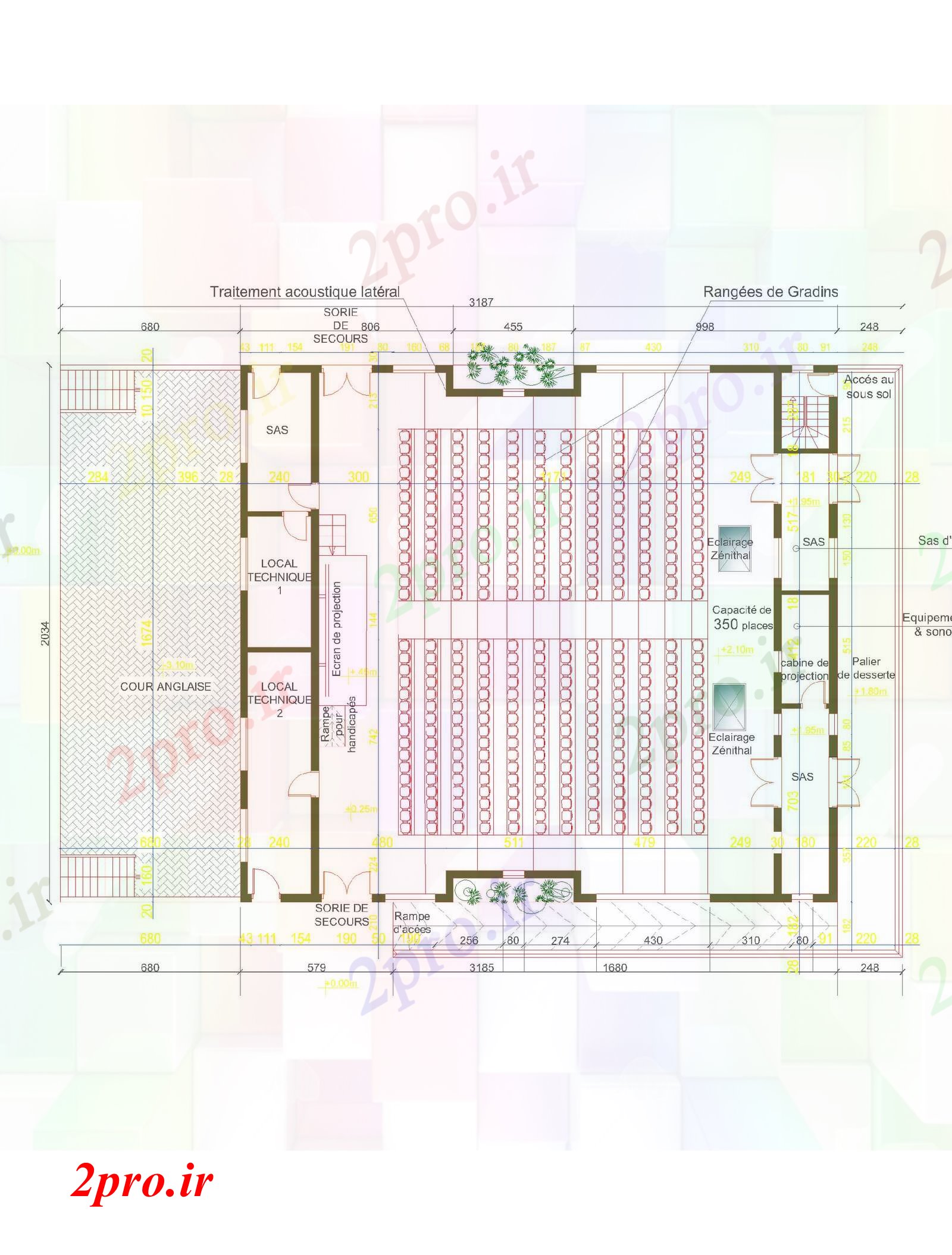 دانلود نقشه تئاتر چند منظوره - سینما - سالن کنفرانس - سالن همایشامفي تئاتر 49 در 54 متر (کد61305)
