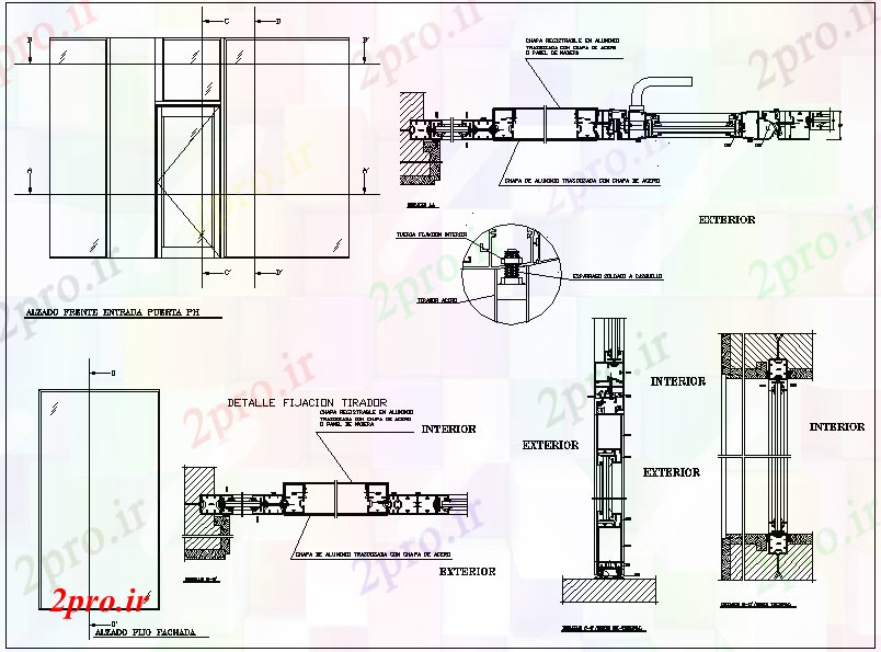 دانلود نقشه جزئیات طراحی در و پنجره   افتتاح آلومینیوم با نمای مقطعی (کد61356)