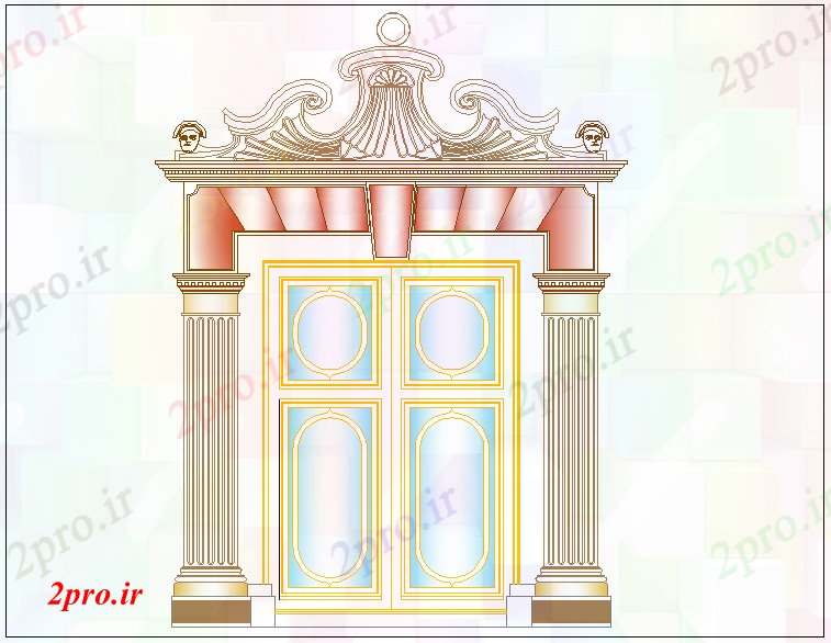 دانلود نقشه جزئیات طراحی در و پنجره   ورودی با درب طراح و ستون (کد61412)