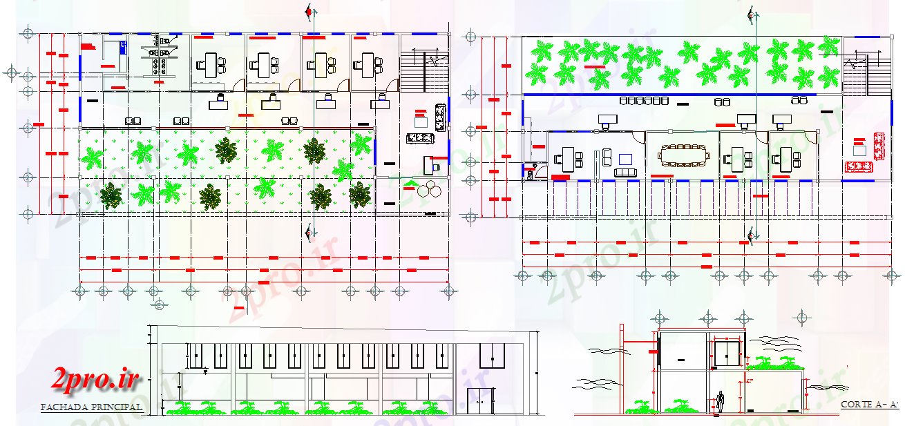دانلود نقشه ساختمان اداری - تجاری - صنعتی دفتر با 8 اطاقک 15 در 29 متر (کد61489)