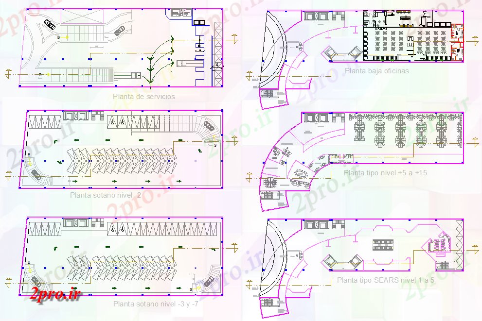 دانلود نقشه ساختمان اداری - تجاری - صنعتی برنامه دفتر 29 در 73 متر (کد61499)