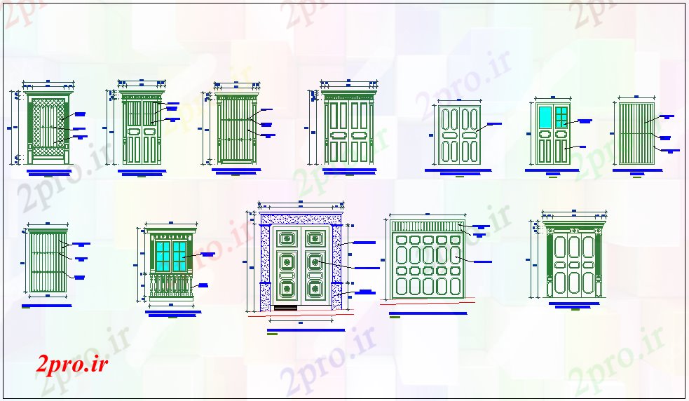 دانلود نقشه جزئیات طراحی در و پنجره  انواع مختلف طراحی درب (کد61506)