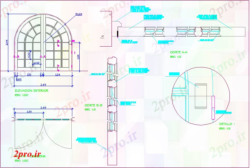 دانلود نقشه جزئیات طراحی در و پنجره   مدور در سمت بالای طراحی درب (کد61577)