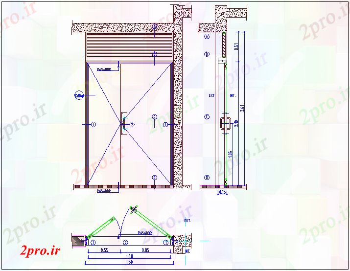 دانلود نقشه جزئیات طراحی در و پنجره   دو درب با جزئیات دیوار (کد61615)