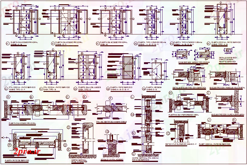 دانلود نقشه جزئیات طراحی در و پنجره  جزئیات درب با  انواع مختلف درب (کد61621)