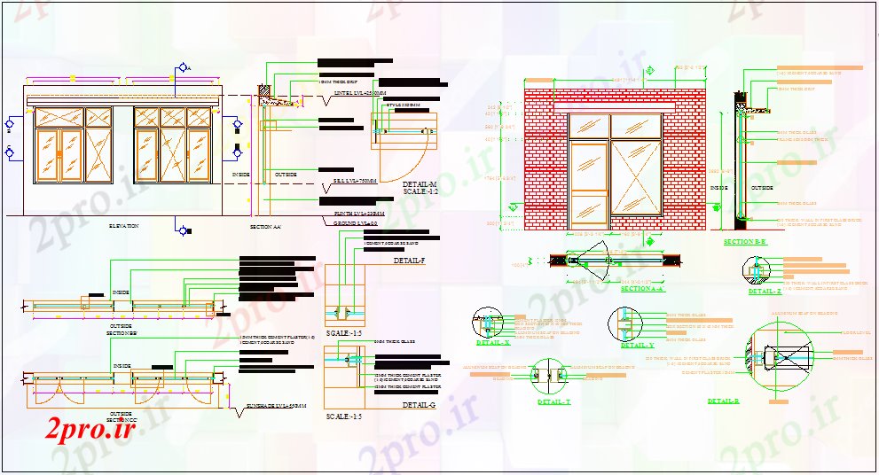 دانلود نقشه جزئیات طراحی در و پنجره  طراحی درب آلومینیوم با نمای دیوار (کد61743)
