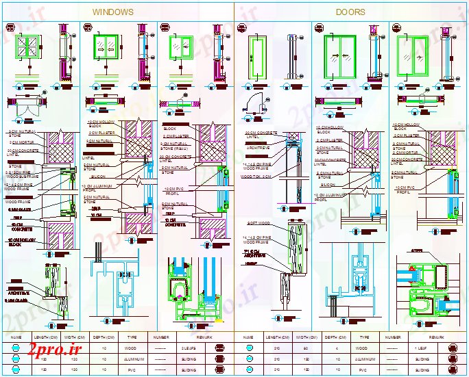 دانلود نقشه جزئیات طراحی در و پنجره  نظر طراحی پنجره و متفاوت درب مدل (کد61795)