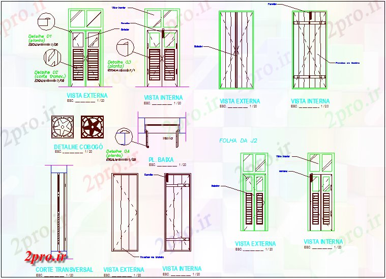 دانلود نقشه جزئیات طراحی در و پنجره  طراحی درب های تک و دو با جزئیات (کد61821)